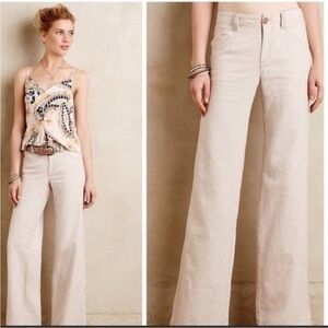 Anthropologie Pilcro and the Letterpress Linen Oatmeal Wide Leg Pants Sz 0Petite
